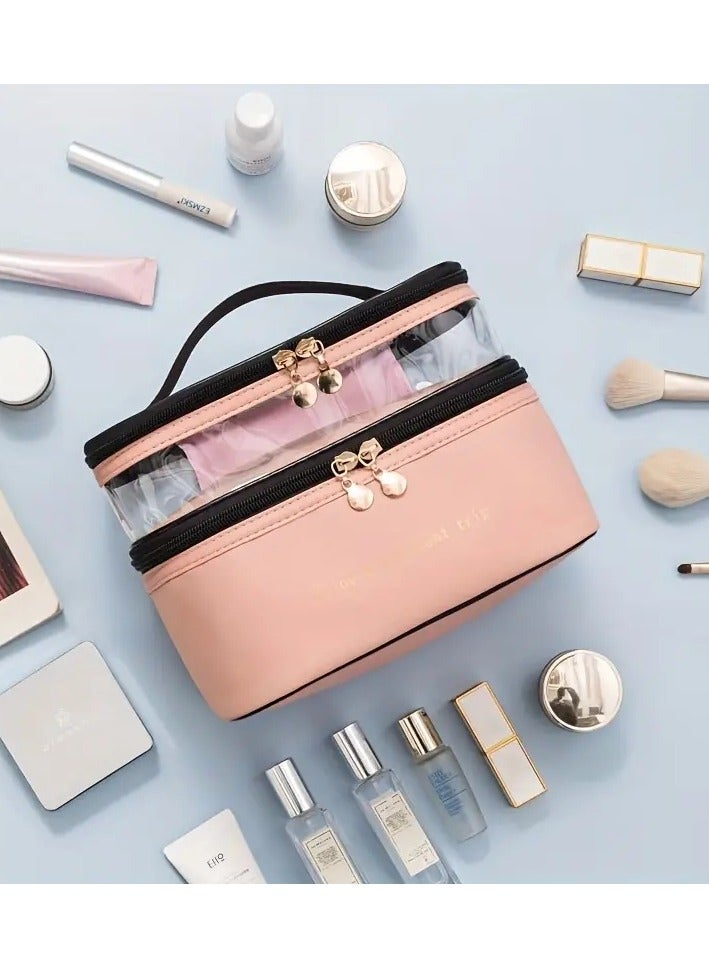 ORiTi Double Layer Makeup Bag Solid Color PU Transparent Wash Bag Portable INS Fashionable waterproof Travel Portable large capacity Storage Bag - Beige - Image 4