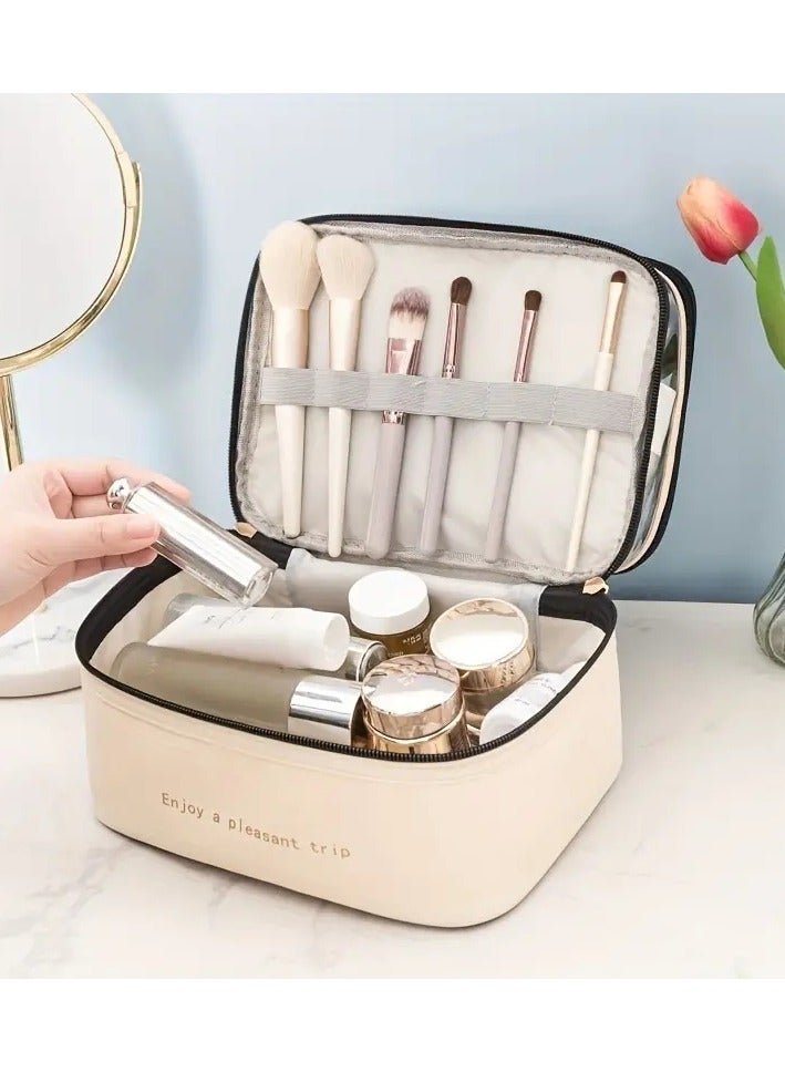 ORiTi Double Layer Makeup Bag Solid Color PU Transparent Wash Bag Portable INS Fashionable waterproof Travel Portable large capacity Storage Bag - Beige - Image 5