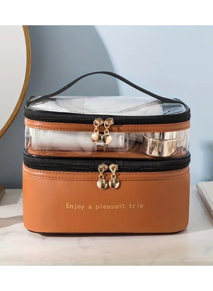 ORiTi Double Layer Makeup Bag Solid Color PU Transparent Wash Bag Portable INS Fashionable waterproof Travel Portable large capacity Storage Bag - Beige - Image 3