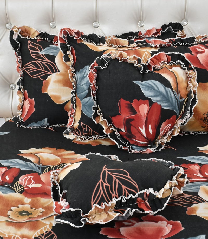 LCF | Decorative Frill Designer Bedding Set (1 Queen Size Bedsheet for Double Bed, 2 Decorative Frill Pillowcases & 2 Heart Shaped Frill Cushion Covers with Fillers) (Black) - Image 2