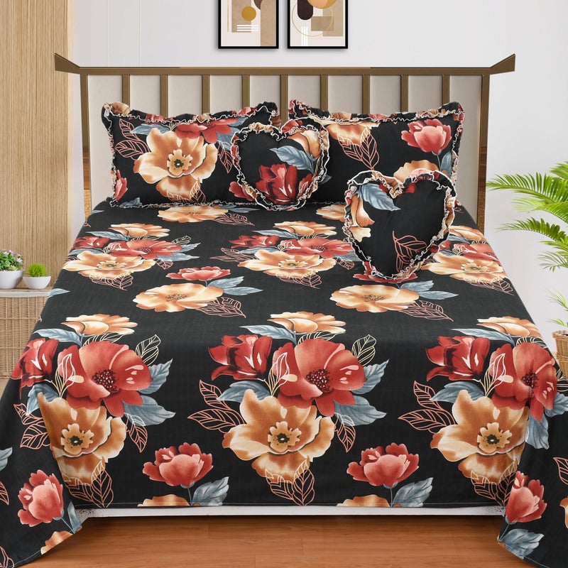 LCF | Decorative Frill Designer Bedding Set (1 Queen Size Bedsheet for Double Bed, 2 Decorative Frill Pillowcases & 2 Heart Shaped Frill Cushion Covers with Fillers) (Black) - Image 1