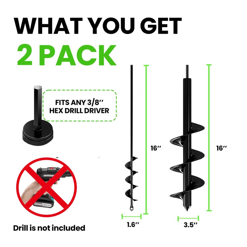 K-Brands Auger Drill Bit for Planting 2 Pack 1.6 x 16 Inch & 3.5 x 16 Inch Set – Garden Spiral Hole and Bulb Planter Tool for Umbrella Holes - Compatible with 3/8 Inch Hex Drive - Image 2