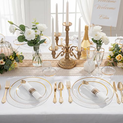 Liacere Licaere 60Pcs Clear Plastic Plates - Clear Disposable Plates With Gold Rim - Heavy-duty Gold Plates, Party Plates Include 30Clear Dessert-Platos,30Dinner-Platos for Wedding ＆ Party ＆ Spring - Image 2