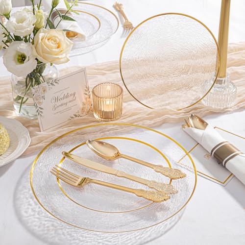 Liacere Licaere 60Pcs Clear Plastic Plates - Clear Disposable Plates With Gold Rim - Heavy-duty Gold Plates, Party Plates Include 30Clear Dessert-Platos,30Dinner-Platos for Wedding ＆ Party ＆ Spring - Image 5