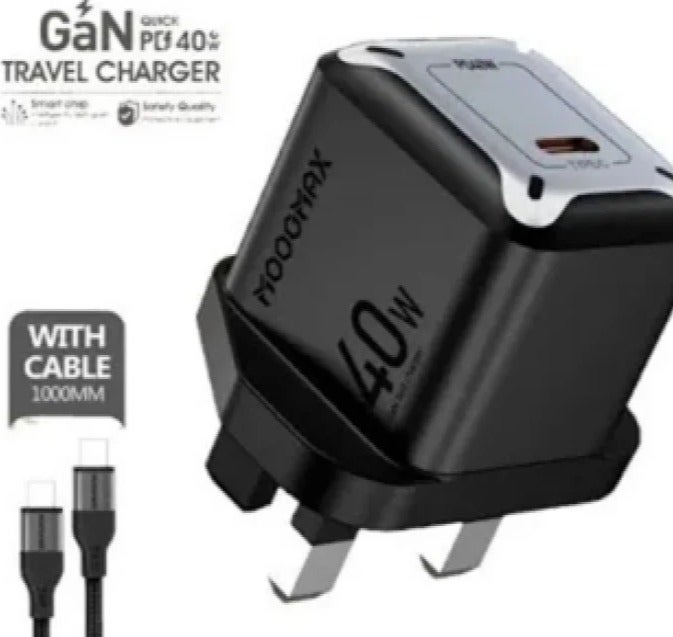موج ماكس رأس شاحن جداري Moogmax موديل MX106 بقوة 40 واط مع كيبل تايب سي إلى تايب سي، شاحن سفر سريع، شاحن جوال جداري، شاحن تايب سي، شاحن بي دي، شاحن بتقنية نيتريد الغاليوم، رأس شاحن بفيش بريطاني، شاحن سامسونج وجالكسي، شاحن أندرويد، شاحن للأجهزة اللوحية، شاحن عملي للأجهزة الذكية مع حماية ذكية أثناء الشحن - Image 2