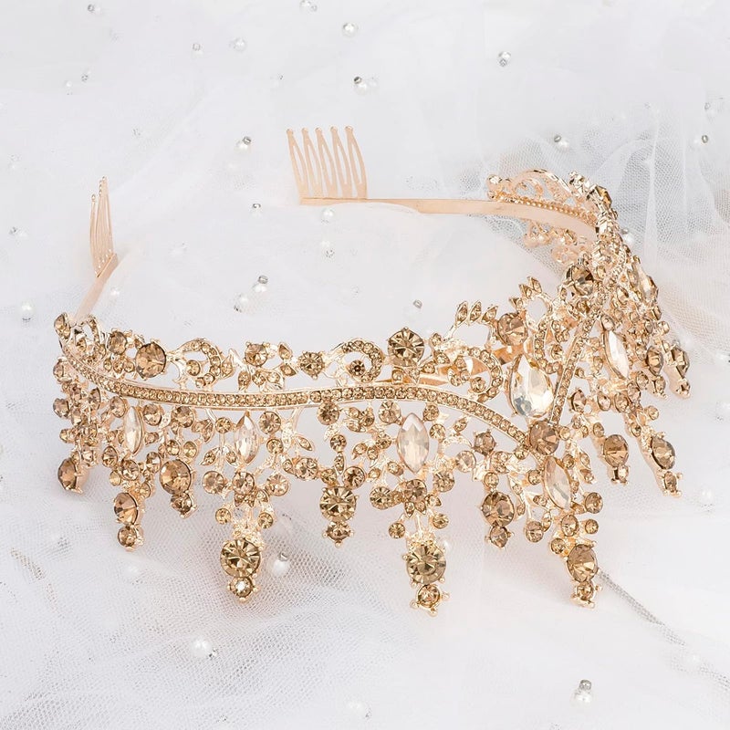Cocide Gold Crowns for Women Tiaras Girls Crystal Rhinestones Queen Crown Princess Tiara Party Wedding Bridal Halloween Costume Cosplay Bridesmaids Accessories, one size, Champagne, Comb type - Image 2