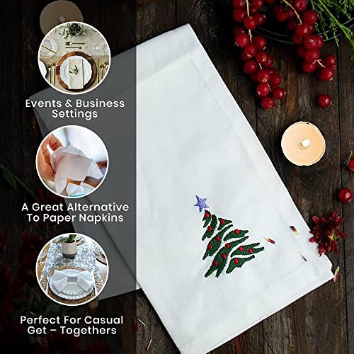 Candy Cottons Christmas Cloth Napkins White Dining Table Dinner Napkins|Washable Cotton Napkins Easter Basket Decor|Christmas Tree Embroidered 18x18 in White Pk of 6 Cocktail Party Napkins - Image 4