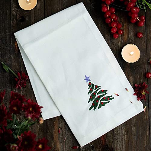 Candy Cottons Christmas Cloth Napkins White Dining Table Dinner Napkins|Washable Cotton Napkins Easter Basket Decor|Christmas Tree Embroidered 18x18 in White Pk of 6 Cocktail Party Napkins - Image 1