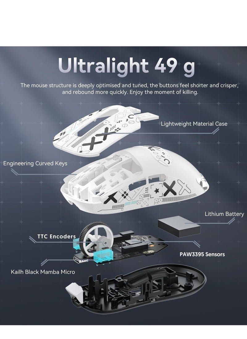 Attack Shark X3 Wireless Gaming Mouse, 49g Ultralight, PixArt PAW3395 26000 DPI, Bluetooth/2.4Ghz /Wired Tri-Mode, 200Hrs Rechargeable Battery, Kailh GM8.0 Switch for MAC/Win - White&Tape  - Image 5