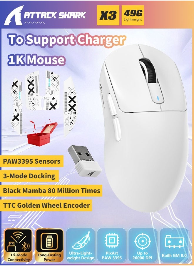 Attack Shark X3 Wireless Gaming Mouse, 49g Ultralight, PixArt PAW3395 26000 DPI, Bluetooth/2.4Ghz /Wired Tri-Mode, 200Hrs Rechargeable Battery, Kailh GM8.0 Switch for MAC/Win - White&Tape  - Image 1