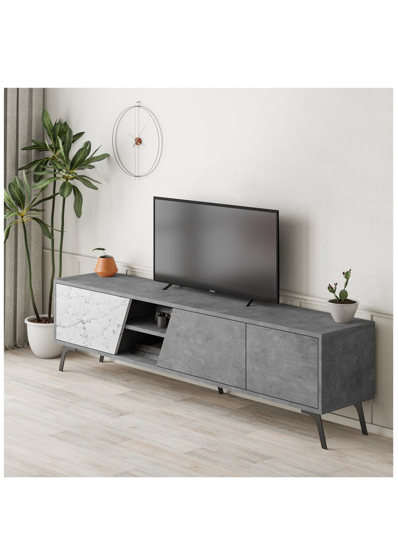 موراه خزانة تلفزيون "فيونا" من موراه هوم، حتى ٧٠ بوصة | خزانة تخزين بثلاثة أبواب وطابقين | وحدات تلفزيون لغرفة المعيشة | ١٨٠×٣٥٫٦×٤٨ سم | رخام رمادي/أبيض عتيق - Image 2