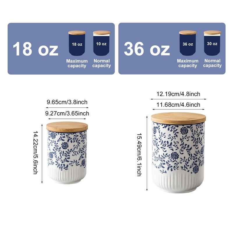 Cerkik Canisters Sets for the Kitchen - 2 Pcs 36/18 oz Ceramic Kitchen Containers for Countertop with Airtight Wood Lids - Flour and Sugar Containers for Coffee Tea Spice Beans Cookie Jars - Blue - Image 4