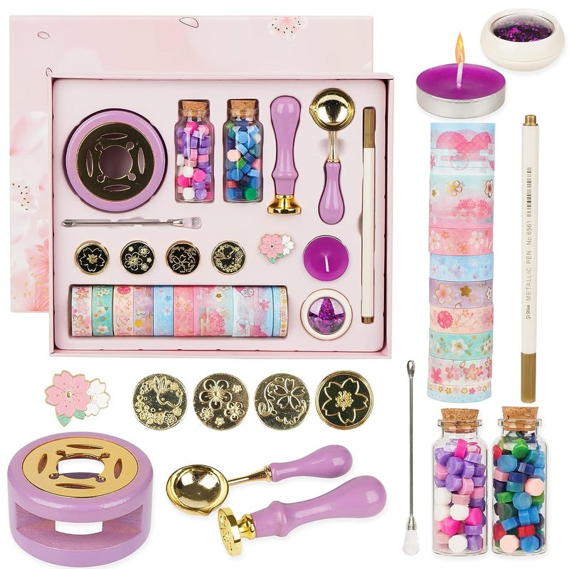 KASTWAVE Wax Seal Kit With Beads, Stamp, Warmer, Metallic Pen, Gift Box - Birthday Gift And Decoration For Girls, Purple - Image 1
