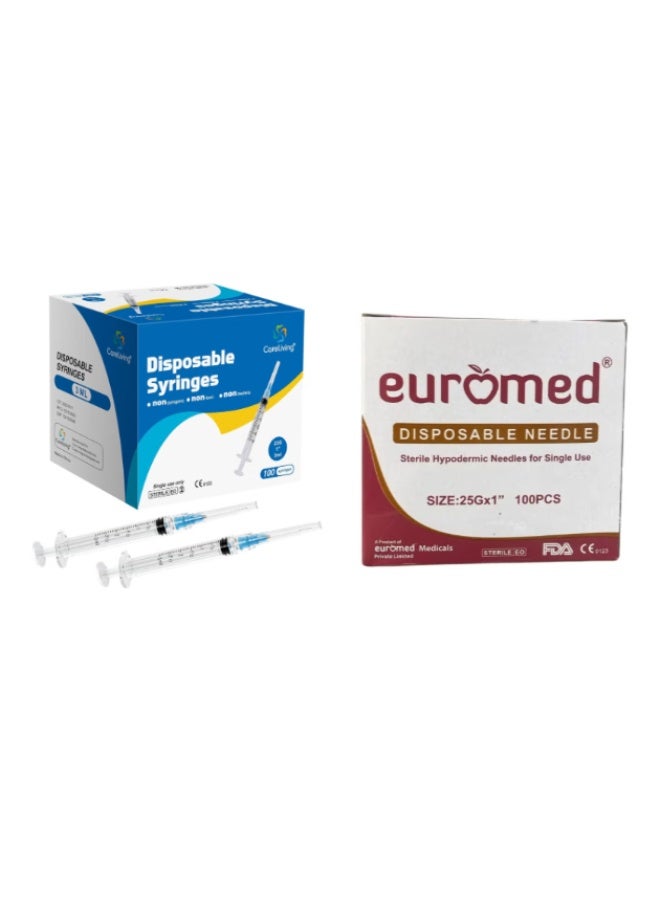 يورو ميد 100 محقنة معقمة سعة 3 مل، مقاس 23G × 1 1/4 بوصة، مع إبر مقاس 25G بطول 1 بوصة - محاقن طبية للاستخدام مرة واحدة - Image 1