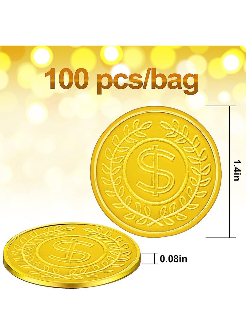 Plastic Gold Coins 100 Count, Pirate Treasure Play Golden Toy Coins Bulk with Coin Jar, Small Plastic Play Gold Prop Pirate Reward Tokens Coins Toy for Kids Party Treasure Hunt Game  - Image 2