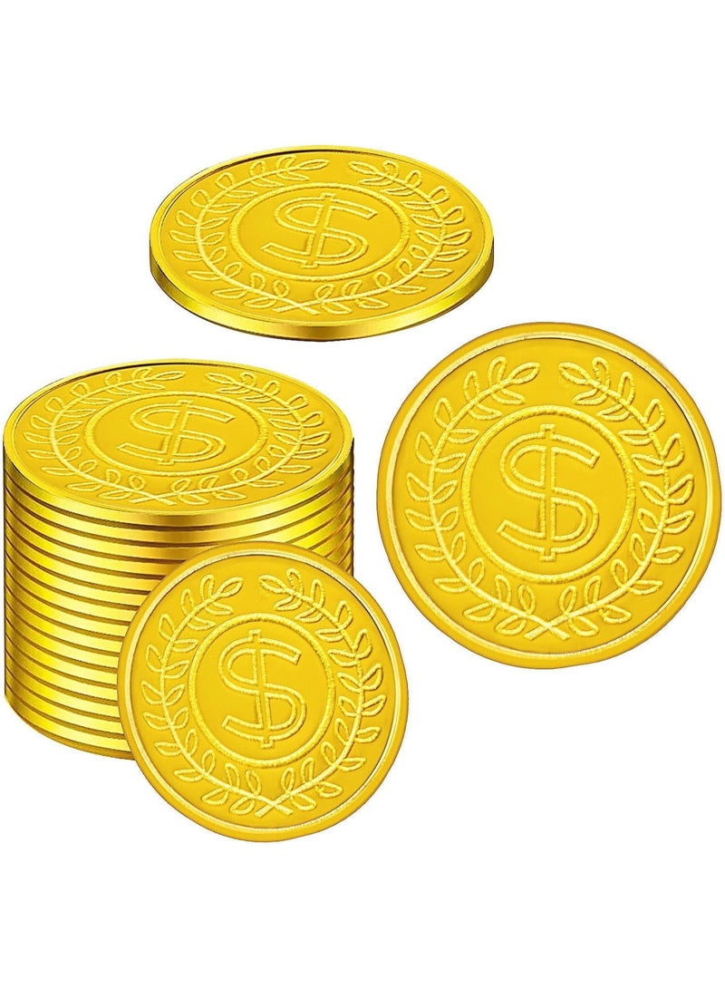 Plastic Gold Coins 100 Count, Pirate Treasure Play Golden Toy Coins Bulk with Coin Jar, Small Plastic Play Gold Prop Pirate Reward Tokens Coins Toy for Kids Party Treasure Hunt Game  - Image 1