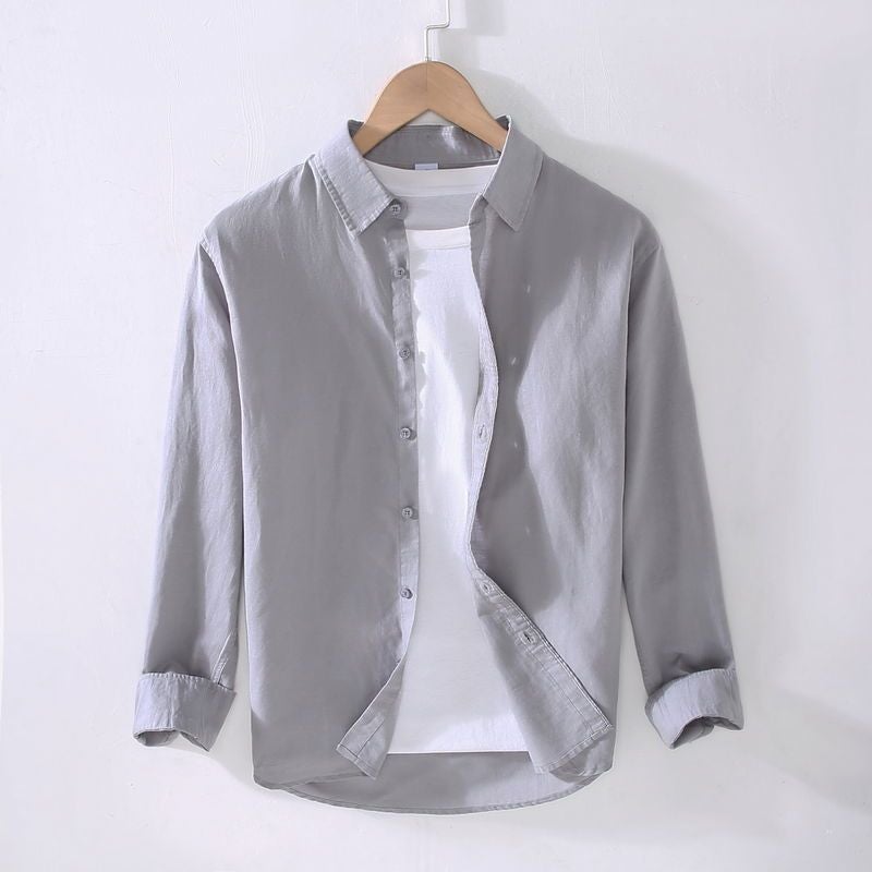 Thin Linen Shirt Mens Long-sleeved Casual Loose Cotton and Linen Shirt Linen Fabric Top White Inner Fashion Spring and Summer purple inside  - Image 2