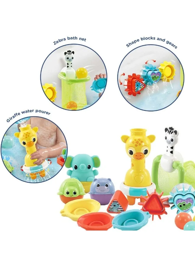 في تك 6-In-1 Bath Set, Bathtub Toy With 10+ Accessories Including Stacking & Linking Boats, Ssorter, Colourful Balls, Bath Time Gift For Babies & Infants 0, 6, 12 Months +, English Version
