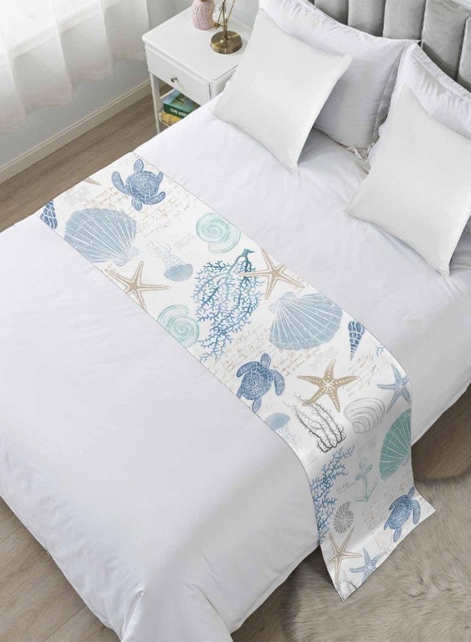 Homechoid Blue Coral Ocean Bed Runner for Cal. King Size Bed, Bedspread Protector Slipcover Bed Scarf for Foot Bed Runners & Scarves for Bedroom 94x20 Summer Beach Starfish Turtle Nautical Anchor Jellyfish - Image 1
