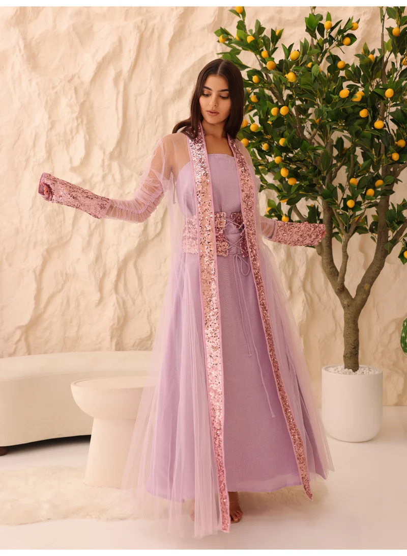 اكسا طقم قطعتين ترتر فاخر بأكمام تول  وردي