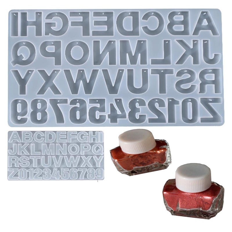 SNOOGG 3D Silicone Resin Mould Alphabet and Numbers for Pendants Keychains Earrings DIY Craft Letters ABCD with Built in Hole Enabler with High Qualitey 2 Metalic Pigment - Image 1