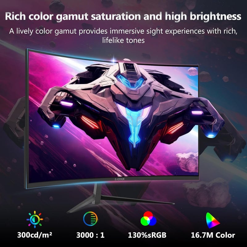 Z Z-Edge شاشة ألعاب منحنية Z-EDGE بحجم 24 بوصة - دقة عالية كاملة (Full HD)، معدل تحديث 180 هرتز (عبر منفذ DP) أو 144 هرتز (عبر منفذ HDMI)، زمن استجابة 1 مللي ثانية، سطوع 300 كانديلا/متر مربع، شاشة منحنية بزاوية 1650 درجة، تقنية FreeSync، منفذ HDMI وDP، مكبرات صوت بقوة 2 واط لكل منهما، اللون أسود: UG24 - Image 2