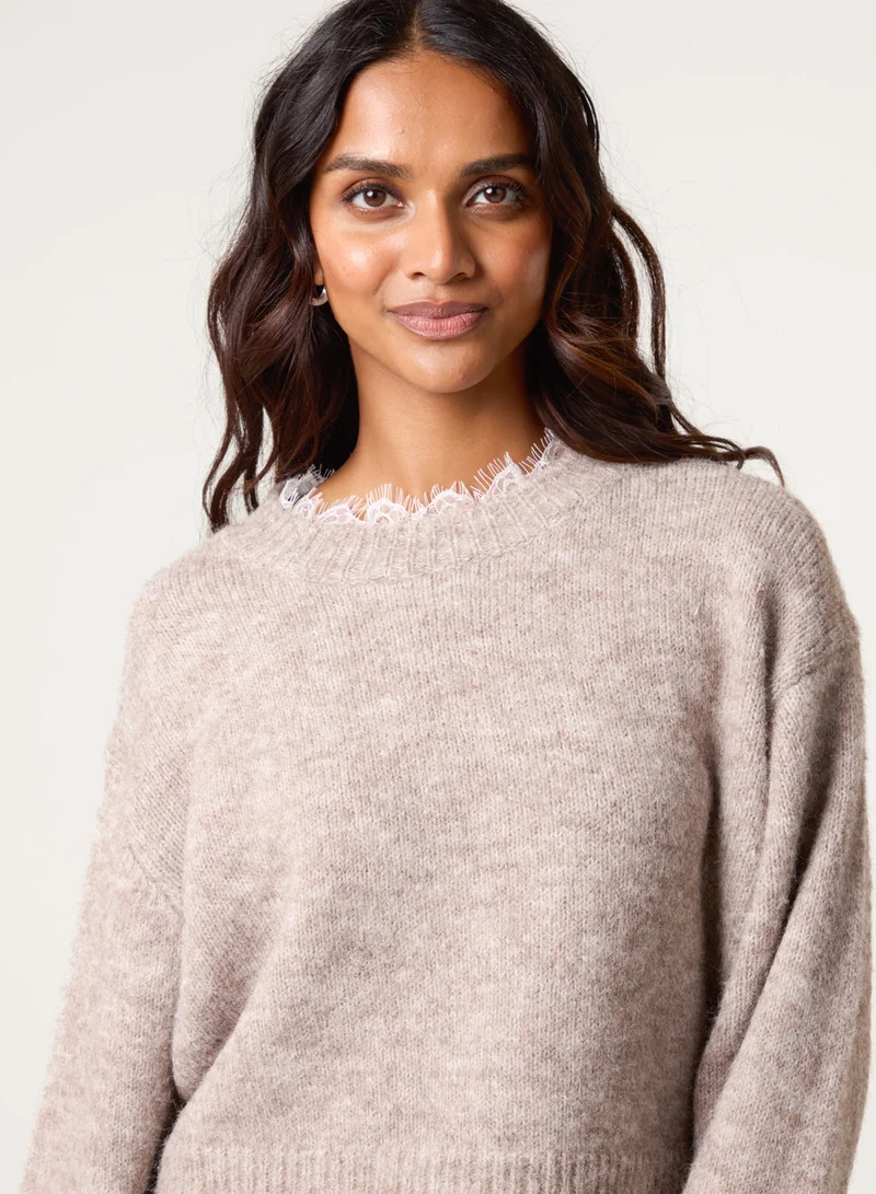 Blue Vanilla Lace Detailed High Neck Jumper