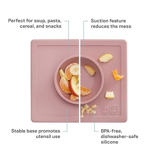 ezpz Happy Bowl - 24 Months + (Blush) - 100% Silicone Suction Bowl with Built-in Placemat – Dishwasher Safe - Image 2