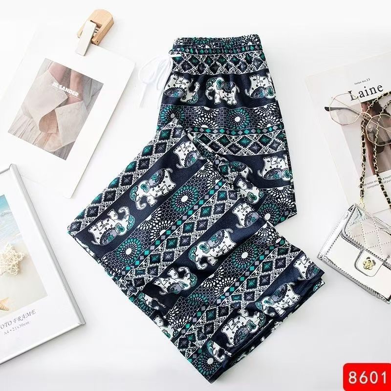 Cross-border Fashion Ink Butterfly National Style Casual Pants Womens New Chinese Style Loose Wide Leg Loose Summer New Ankle-length Pants Blue elephant flash point ice silk nine-point straight flower pants 