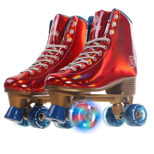 JajaHoho Roller Skates for Women, Holographic High Top Classic Rollerskates, Shiny Double-Row Blue Four Wheels Quad Skates for Girls Indoor & Outdoor (Red, Size 5) - Image 2