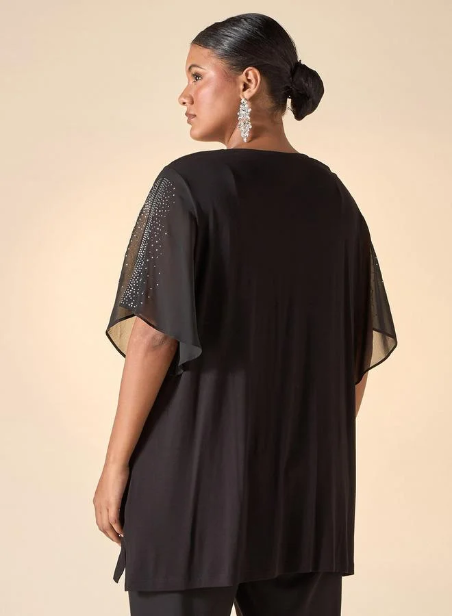 Ulla Popken Plus Size Ulla Popken Embellished V-neck Top with Short Slit Sleeves