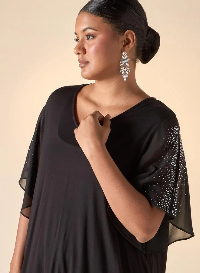 Ulla Popken Plus Size Ulla Popken Embellished V-neck Top with Short Slit Sleeves