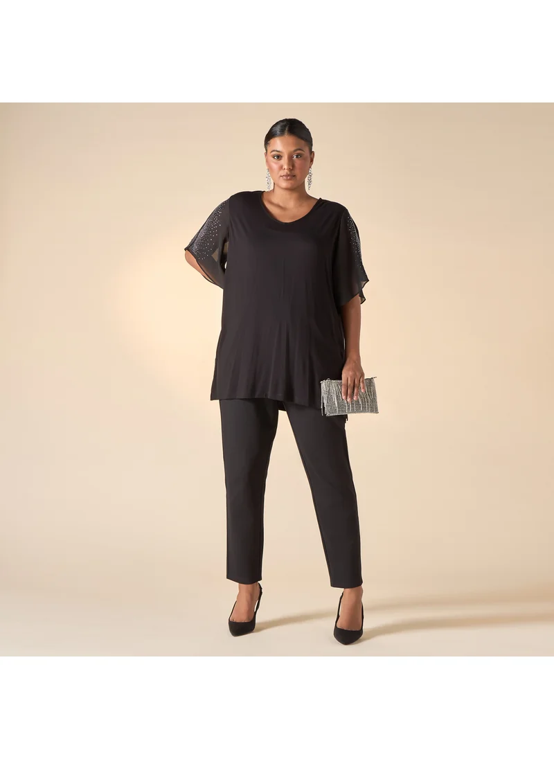 Ulla Popken Plus Size Ulla Popken Embellished V-neck Top with Short Slit Sleeves