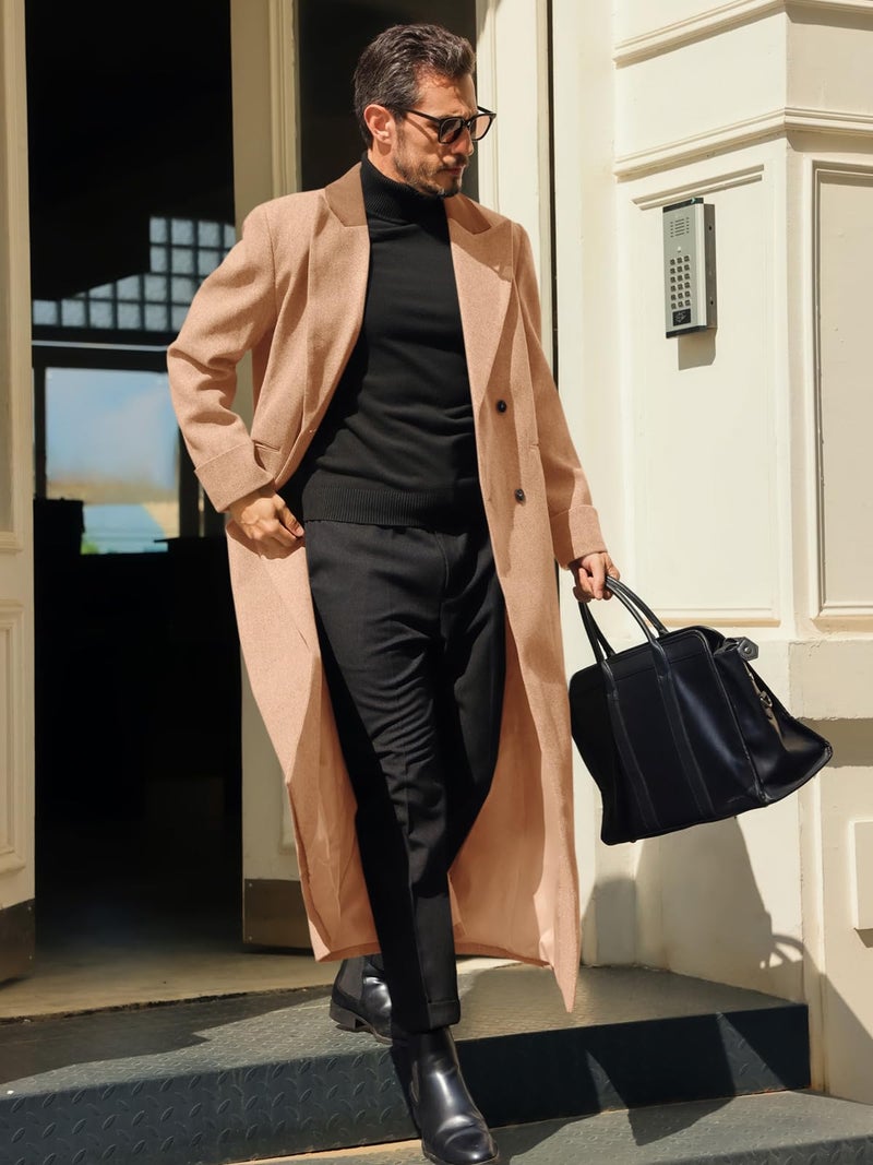 Runcati Mens Full Length Trench Coat Notched Lapel Long Jacket Double Breasted Classic Winter Overcoat - Image 3