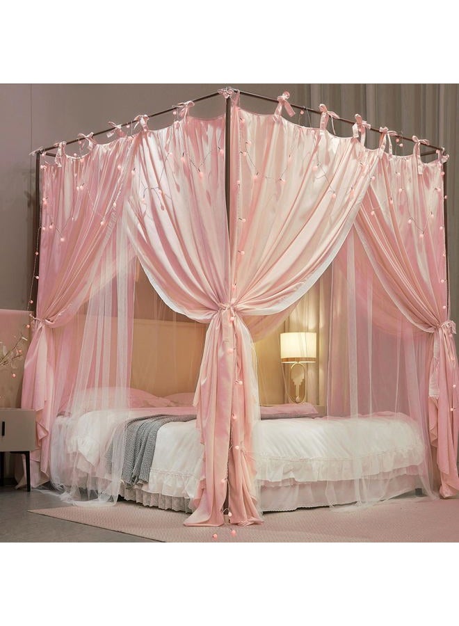 AIOOO 4 Corners Post Princess Curtain Bed Canopy Double Layer Cozy Mosquito Net Mesh and Cloth for Girls Adults Bedroom Decoration (Double-Beigepink/White, 53" W*78" L*82"*H/(Full)) - Image 4