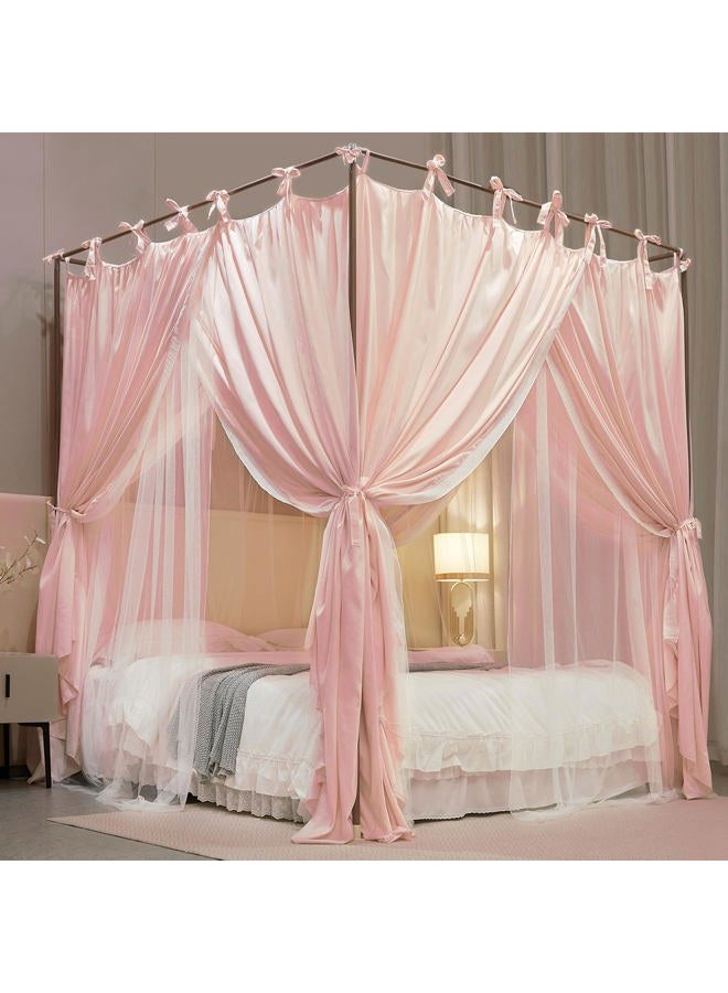 AIOOO 4 Corners Post Princess Curtain Bed Canopy Double Layer Cozy Mosquito Net Mesh and Cloth for Girls Adults Bedroom Decoration (Double-Beigepink/White, 53" W*78" L*82"*H/(Full)) - Image 1