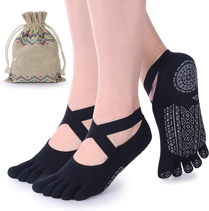 FLORISCA Non Slip Finger Yoga Socks For Women Girls,Anti Slip Five Toe Full Lenght Cotton Regular Socks For Gym Workout,Yoga For Girls Women At Home, Black - Image 1