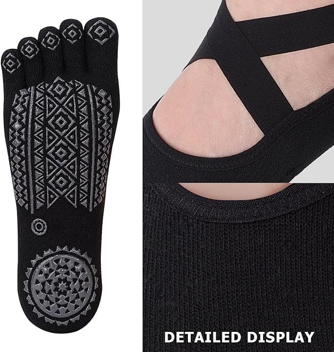 FLORISCA Non Slip Finger Yoga Socks For Women Girls,Anti Slip Five Toe Full Lenght Cotton Regular Socks For Gym Workout,Yoga For Girls Women At Home, Black - Image 2