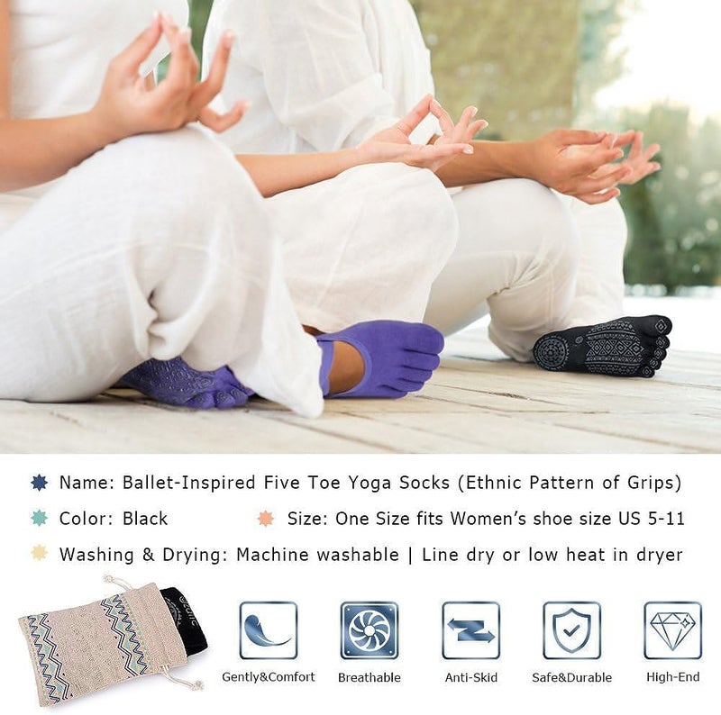 FLORISCA Non Slip Finger Yoga Socks For Women Girls,Anti Slip Five Toe Full Lenght Cotton Regular Socks For Gym Workout,Yoga For Girls Women At Home, Black - Image 3