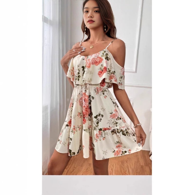 Foreign Trade European and American Style Classic Bohemian Print Cold Shoulder Pleat dress Black - Image 4