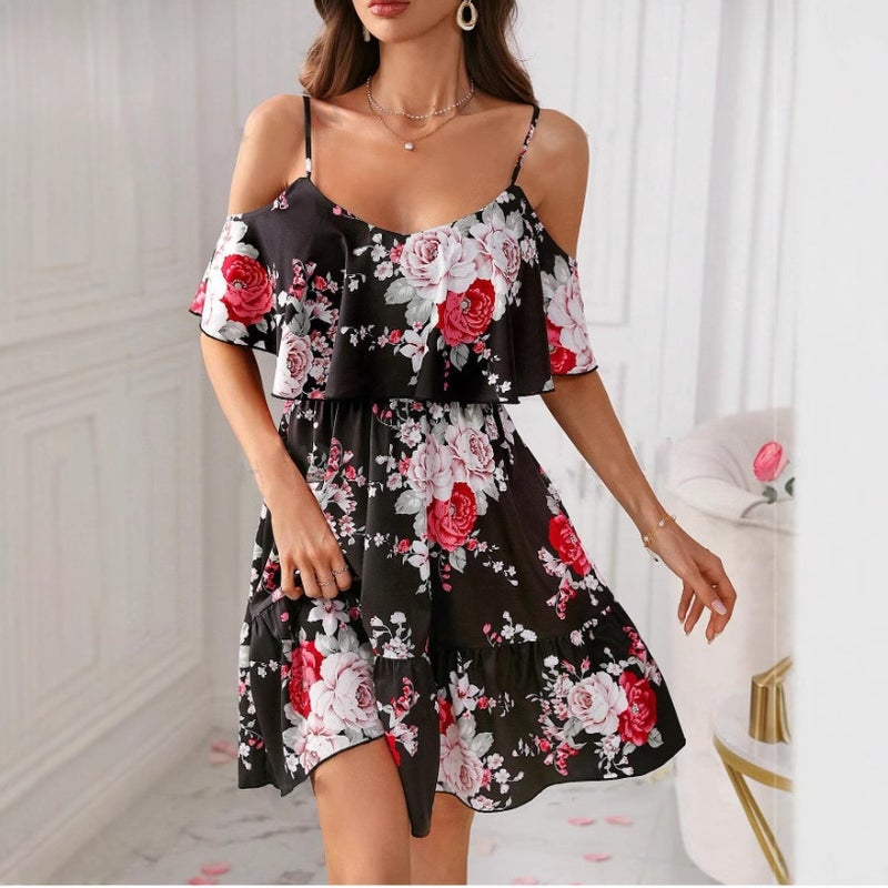 Foreign Trade European and American Style Classic Bohemian Print Cold Shoulder Pleat dress Black - Image 3