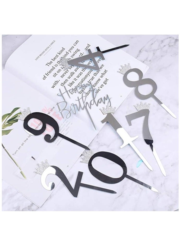 KASTWAVE Happy Birthday Cake Topper Acrylic Numbers 0-9 Crown Cake Topper and Silver Acrylic Happy Birthday Cake Toppers, for Wedding Anniversary or Birthday Party Decorations, Set of 11 - Image 2