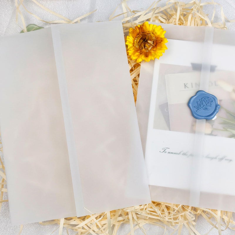 Pilloze 50 Pack Vellum Jackets for 5x7 Invitations - Pre-Folded 115GSM Wedding Invitation Wraps for Wedding, Invitation Cards, Greeting Cards, Baby Shower, Birthday - Image 1