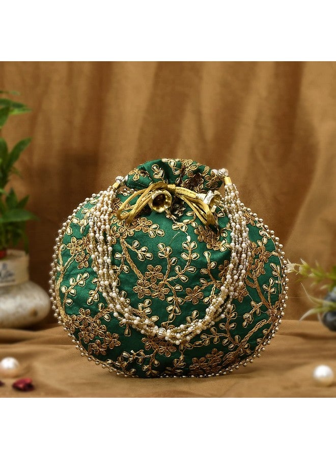 STLYZ Traditional Embroidered Potli Bag For Women, Handmade Pure Silk Potli Handbag Wristlets Ethnic Bridal Potli Batwa Bag For Ladies For Wedding, Return Gifts (Dark Green) - Image 3