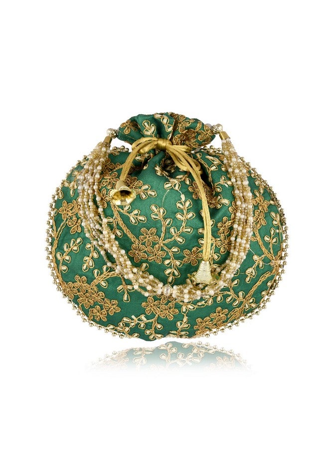 STLYZ Traditional Embroidered Potli Bag For Women, Handmade Pure Silk Potli Handbag Wristlets Ethnic Bridal Potli Batwa Bag For Ladies For Wedding, Return Gifts (Dark Green) - Image 1