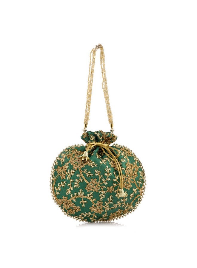 STLYZ Traditional Embroidered Potli Bag For Women, Handmade Pure Silk Potli Handbag Wristlets Ethnic Bridal Potli Batwa Bag For Ladies For Wedding, Return Gifts (Dark Green) - Image 2
