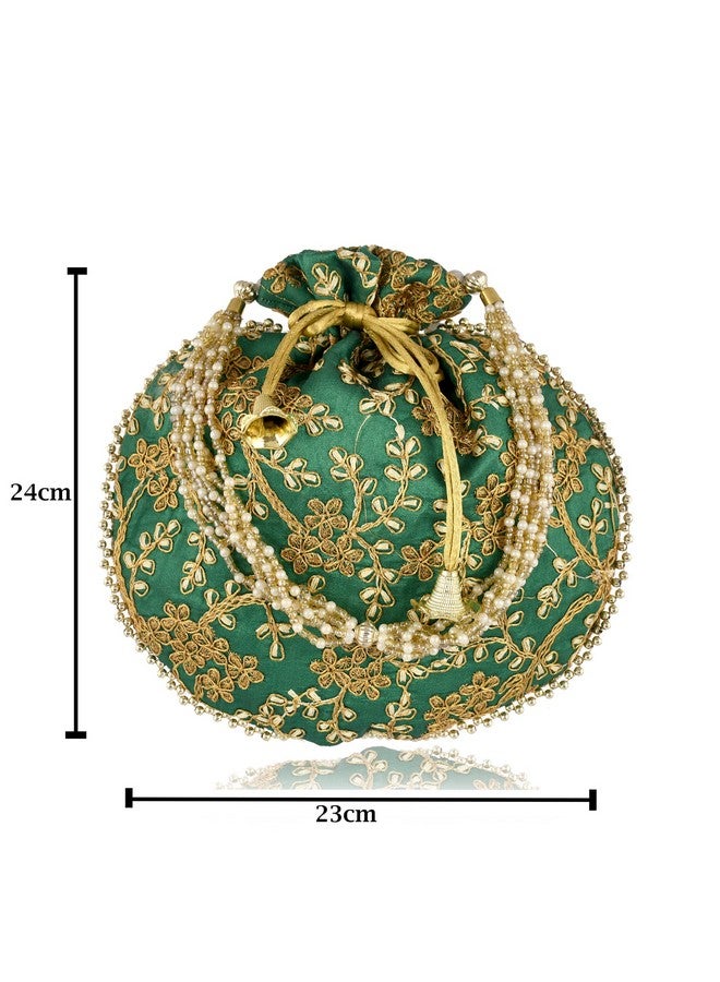 STLYZ Traditional Embroidered Potli Bag For Women, Handmade Pure Silk Potli Handbag Wristlets Ethnic Bridal Potli Batwa Bag For Ladies For Wedding, Return Gifts (Dark Green) - Image 4