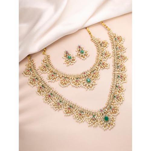 Peora Gold Plated Faux Emerald Faux Ruby & Beads Studded Choker & Long Necklace Earrings Set Ethnic Bridal Jewellery for Women - Image 2