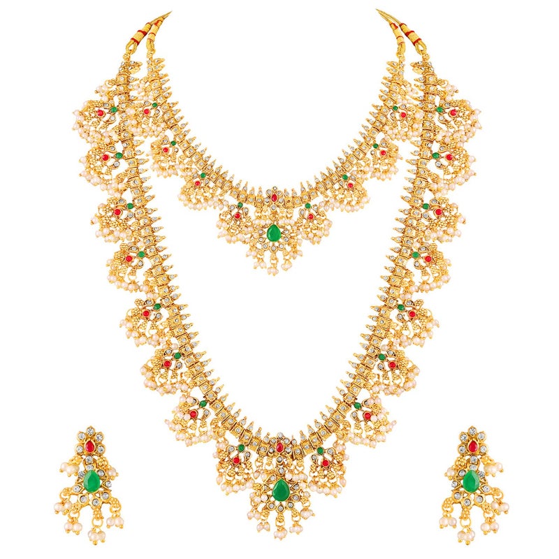 Peora Gold Plated Faux Emerald Faux Ruby & Beads Studded Choker & Long Necklace Earrings Set Ethnic Bridal Jewellery for Women - Image 3