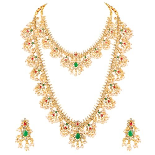 Peora Gold Plated Faux Emerald Faux Ruby & Beads Studded Choker & Long Necklace Earrings Set Ethnic Bridal Jewellery for Women - Image 1